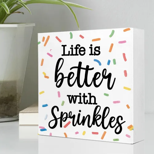 Miniatura 3 de Letrero de madera con texto en inglés "Life with Sprinkles", decoración de casa de muñecas, divertido letrero de madera para panadería, guardería