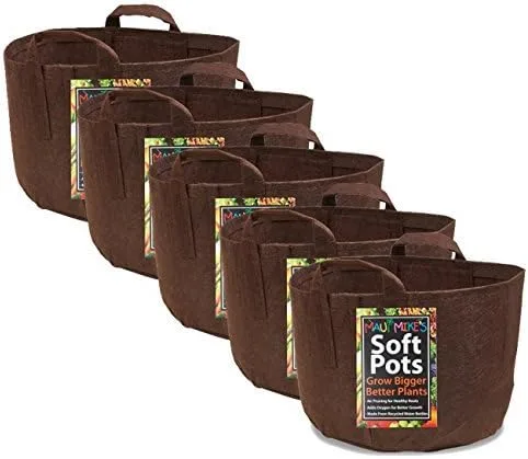 MAUI MIKE'S Root Pouch - Bolsa de 15 galones, paquete de 5 bolsas de tela marrón para cultivo de jardín de asas cosidas fuertes. Cultiva tomates,