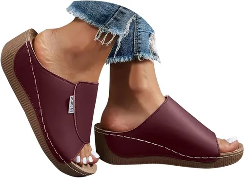Sandalias de cuña para mujer, puntera abierta, soporte de arco, calzado ortopédico para caminar, zapatos elegantes de suela suave sin cordones Vino