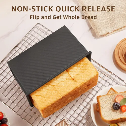 Miniatura 6 de KITESSENSU Molde para pan Pullman de acero al carbono con tapa, capacidad de masa de 1 libra, negro, antiadherente, pan y tostadas