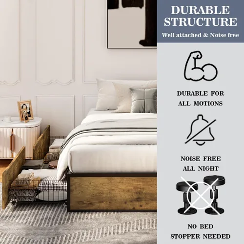 Miniatura 8 de Allewie Cama de almacenamiento industrial con cajones, plataforma de metal de madera, resistente y sin ruido, tamaño matrimonial moderno