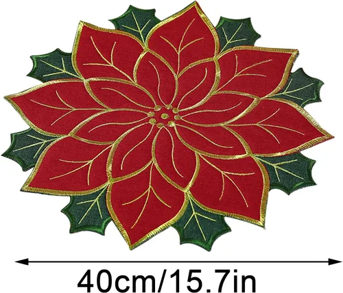 Miniatura 2 de Juego de manteles individuales de Navidad de 16 pulgadas, manteles individuales de flor de pascua con bordados y hojas verdes, manteles individuales