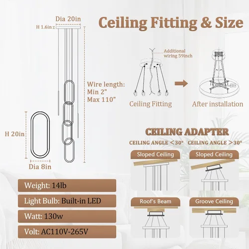 Miniatura 3 de Flashing God Candelabro moderno, candelabros cromados con 6 anillos LED, lámpara de techo alto más grande para sala de estar, lámpara rectangular
