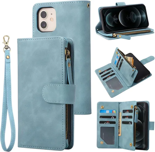 RANYOK Funda tipo cartera compatible con iPhone 11 (6.1 pulgadas), piel sintética de alta calidad, con cremallera, bloqueo RFID y correa para la
