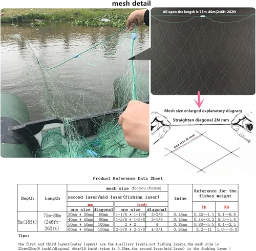 Miniatura 5 de Profundidad de 16 pies antibobinado 3 capas red de pesca envuelta cuerda plomo plomo longitud 262 pies red de enmalle para la supervivencia