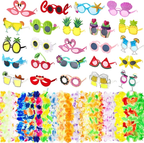 Yunsailing 48 decoraciones de fiesta Luau incluyen 24 leis hawaianos y 24 lentes de sol tropicales, regalos de fiesta en la playa, flores,