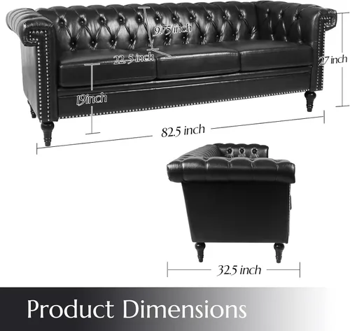 Miniatura 2 de Sofá Chesterfield de piel sintética negra para sala de estar, asiento profundo, cómodo sofá de 3 plazas de gran tamaño, con botones, con cabeza