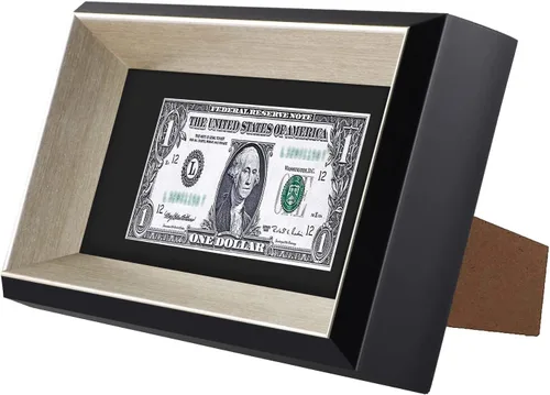 Miniatura 6 de Marco de billetes de dólar de 4 x 9 con paspartú, soporte de caballete para colgar de mesa o anillo en D, montaje en pared (negro/plateado, 1 unidad)