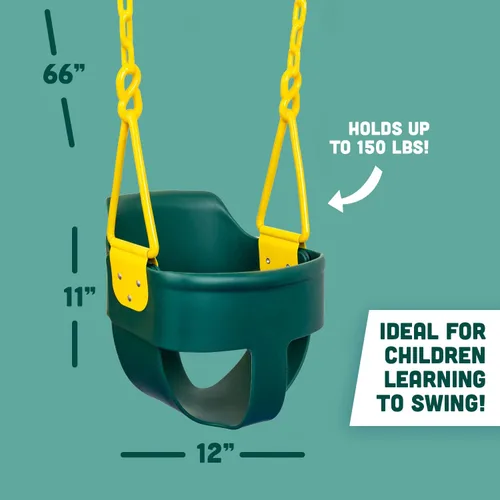 Miniatura 6 de Asiento de columpio para bebé de respaldo alto estilo cubeta Premium con agarre para dedos, cadenas recubiertas de plástico y mosquetones para fácil