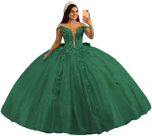 Mauuwy Vestido de fiesta de tul de lujo para quinceañera, vestido de baile abombado, brillante, dulce, 16 vestidos florales con hombros