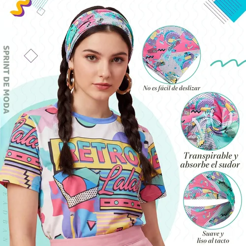 Miniatura 5 de obeoby Paquete de 8 diademas de neón con estampado de los años 80 para rave, accesorios retro de los años 90, bandas deportivas para fiestas