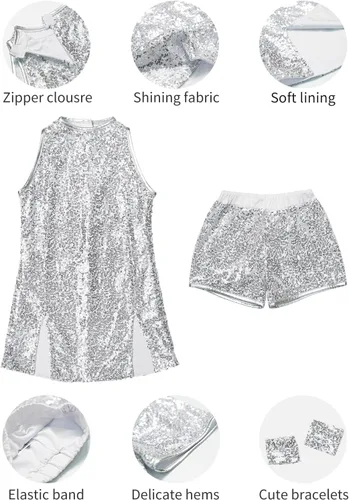 Miniatura 2 de LOLANTA Vestido de baile de lentejuelas para niñas de 4 a 12 años, traje de baile de hip hop, sin mangas y pantalones cortos