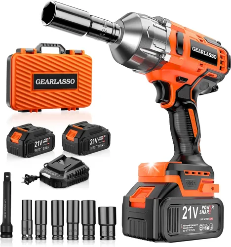 Llave de impacto inalámbrica 1500N.m, llave de impacto de alto par sin escobillas de 1/2 pulgada 21 V con 2 baterías de 4.0 Ah, 6 enchufes, cargador
