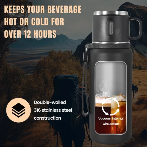 Miniatura 6 de Botella aislada de acero inoxidable, 20 onzas con taza, botella de agua aislada al vacío, termo para bebidas calientes/bebidas frías, viaje con Verde