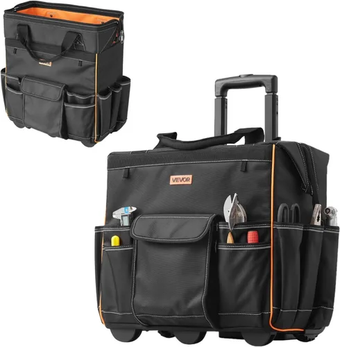 VEVOR Bolsa de herramientas rodante de 18", capacidad de carga de 110 lbs, 25 bolsillos, bolsa de herramientas rodante resistente con mango