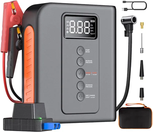 Arrancador de batería con compresor de aire para automóvil, paquete de energía portátil de 10000mAh 150PSI inflador de neumáticos, carga USB, luz