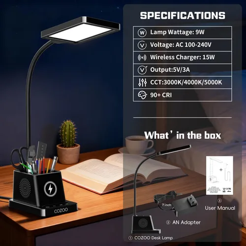 Miniatura 7 de Lámpara de escritorio LED Cozoo para hogar y oficina, lámpara de escritorio brillante de 15W con cargador inalámbrico y soporte para bolígrafos