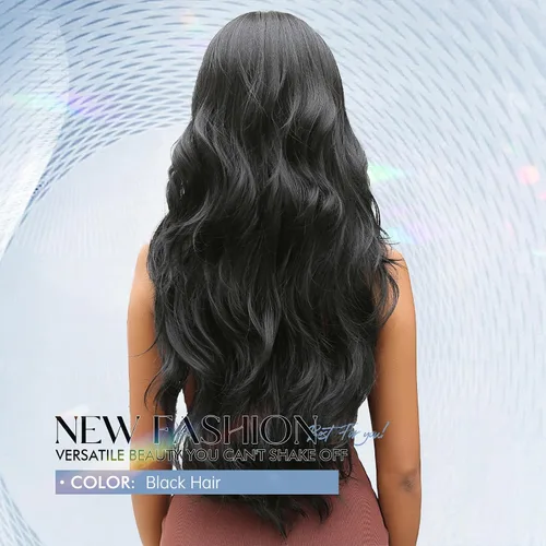 Miniatura 4 de Allbell Pelucas negras onduladas con flequillo para mujer, peluca larga y rizada negra con flequillo, peluca sintética negro con flequillo grueso