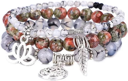 UEUC - Pulseras Reiki, apilables, de piedras curativas, cristales, con dije del árbol de la vida, yoga y hoja de loto, contra la ansiedad y para el