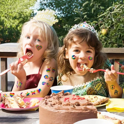 Miniatura 6 de Tatuajes temporales de teñido anudado, 96 piezas de tatuajes para niños, suministros de fiesta temática de cumpleaños, 8 hojas de decoración