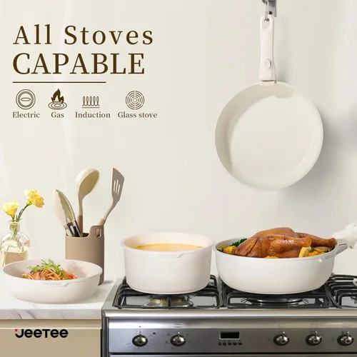 Miniatura 6 de JEETEE Juego de ollas y sartenes antiadherentes, 17 piezas, juegos de utensilios de cocina con mango desmontable, juego de utensilios de cocina