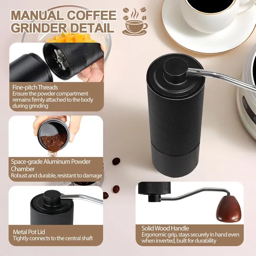Miniatura 5 de Molinillo de café manual no desmontable con rebabas cónicas de acero inoxidable de 25 niveles, juego de regalo portátil de aluminio, adecuado