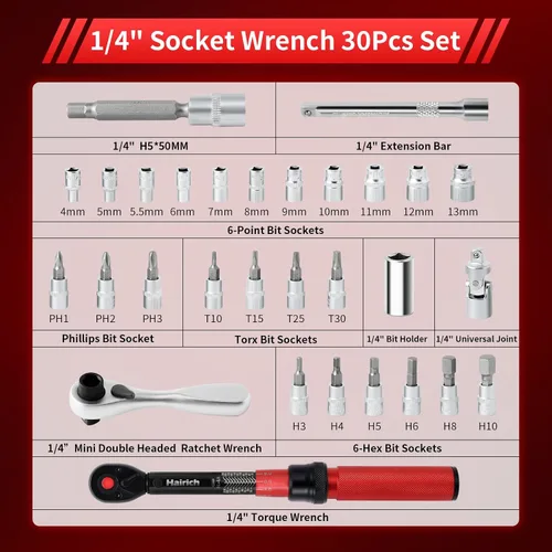 Miniatura 3 de Hairich Llave dinamométrica para bicicleta, transmisión de 1/4 pulgada 2.3-24.9 N.M/20-220IN.LB, juego de llave dinamométrica para bicicleta, 30