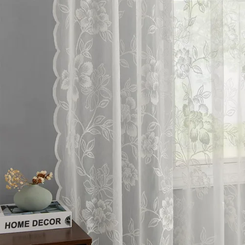 Miniatura 9 de FINECITY Cortinas de encaje blanco para dormitorio, cortinas de encaje floral con bordado vintage de hojas de 72 pulgadas de largo, cortinas