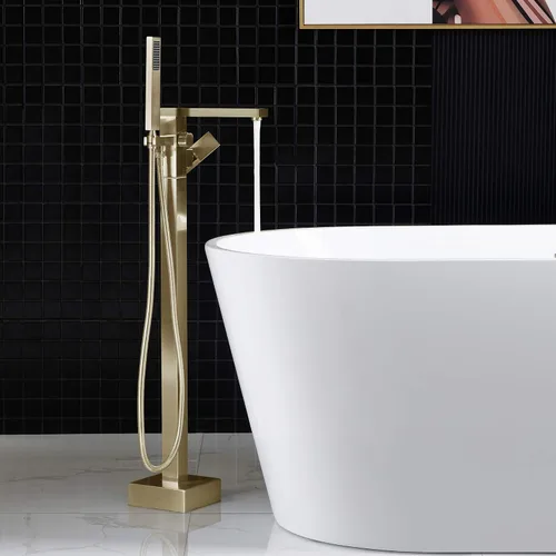 WOODBRIDGE F0008BG - Grifo de llenado de bañera independiente de una sola manija contemporánea con ducha de mano en acabado dorado cepillado