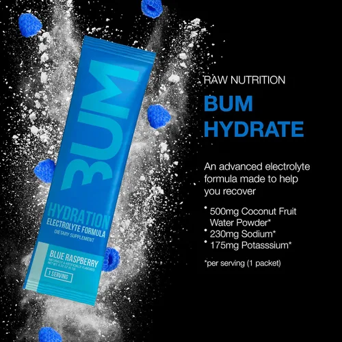 Miniatura 2 de RAW Paquetes de Mezcla de Bebidas Hidratantes en Polvo de Electrolitos, BUM Hydrate (Frambuesa Azul, 20 Porciones), Paquetes de Hidratación