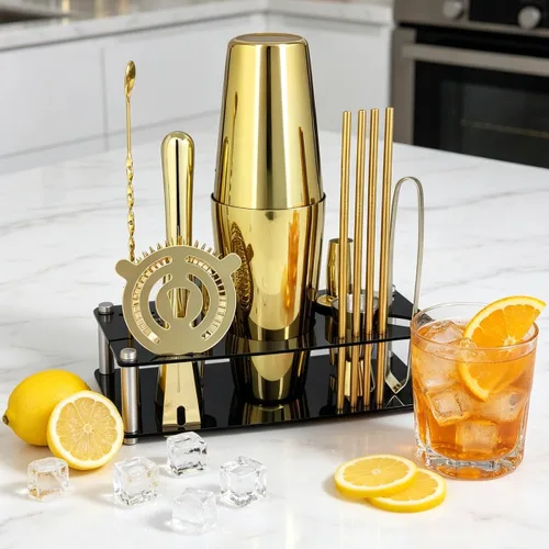 Miniatura 2 de Juego profesional de coctelera con soporte y recetas de cócteles, kit de 15 piezas de 750/600ml para barman, juego de utensilios de bar, juego de Oro