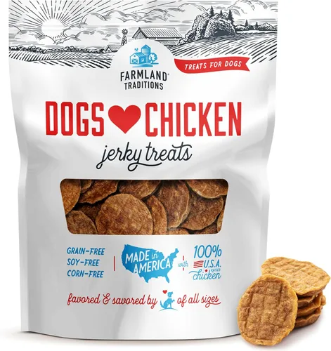 Farmland Traditions Dogs Love Chicken Jerky - Golosinas para perros con solo 3 ingredientes y sin rellenos, bolsa de 6 onzas