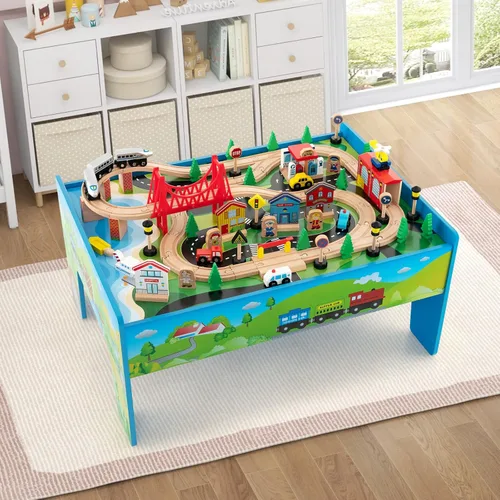 Miniatura 9 de Costzon Mesa de tren, 80 piezas, mesa de actividades de madera para niños con mesa reversible y desmontable, pistas de madera maciza, tren