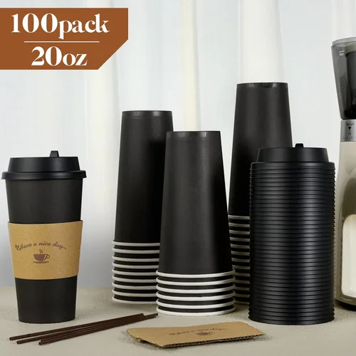 Miniatura 3 de LITOPAK Paquete de 50 tazas de café de papel de 20 onzas para bebidas de chocolate caliente, tazas de café desechables negras con tapas, fundas y 20