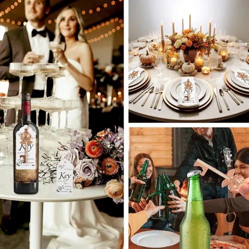 Miniatura 7 de Aokbean 100 llaves en forma de flor de rosa, regalos de boda, regalo para invitados, abridor de botellas con tarjeta y cadena para decoración Oro