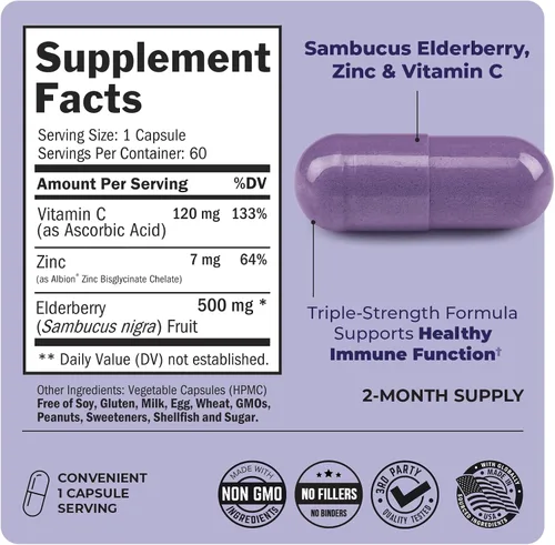 Miniatura 4 de Cápsulas de saúco con zinc y vitamina C para adultos, vitaminas de apoyo inmunológico para mujeres y hombres, Sambucus negro, vitamina C y zinc