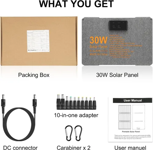 Miniatura 8 de Kit de panel solar plegable portátil de 30 W 18 V ETFE paneles solares cargador con USB 3.0, salidas tipo C y CC, carga rápida compatible