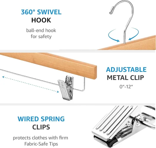 Miniatura 5 de ZOBER Perchas de madera para pantalones con clips, paquete de 10 perchas de madera de loto maciza de alta calidad para mujer, colgador de madera