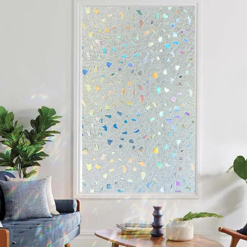 Miniatura 9 de Coavas Película de privacidad para ventana de vidrieras 3D arco iris, control de calor, bloqueo UV, no adhesivo, película de vinilo extraíble, tinte