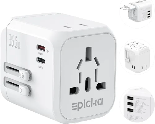 EPICKA Adaptador de viaje universal de 35 W con 2 salidas de CA, adaptador de enchufe de viaje europeo con carga rápida PD, 6 puertos (2 AC/2 Blanco