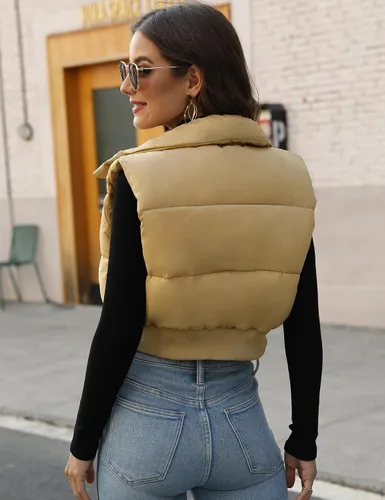 Miniatura 19 de Gihuo Chaleco acolchado recortado para mujer, sin mangas, chaqueta acolchada, chaleco acolchado para invierno, con cremallera completa, abrigo ligero
