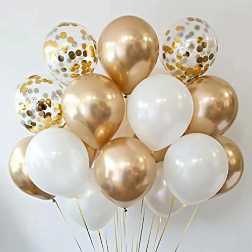 Miniatura 7 de Juego de 50 globos para fiestas, cromo dorado, perla blanca y confeti dorado, globos de látex natural de 12 pulgadas para decoraciones de fiestas