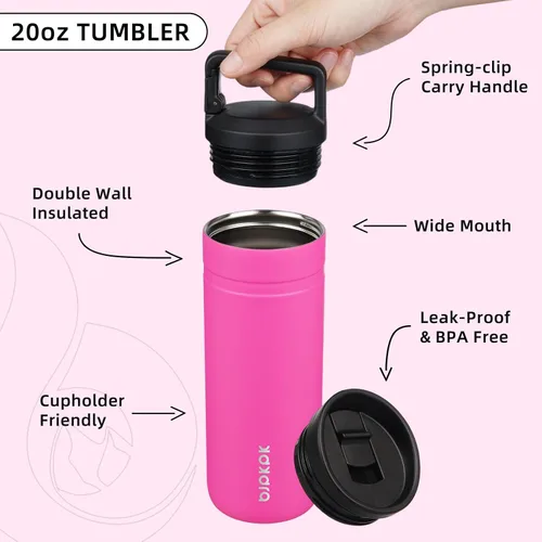 Miniatura 3 de BJPKPK - Botella de agua aislada con 2 tapas, vaso/taza de viaje de acero inoxidable de 20 onzas con aislamiento al vacío de doble pared, taza