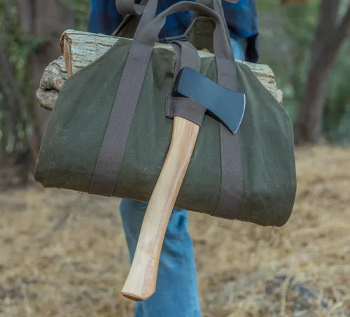 Miniatura 7 de Bolsa de lona encerada resistente para leña - asas dobles únicas que permiten un agarre seguro y cómodo con varios tamaños de carga. La correa