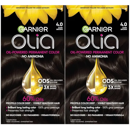 Garnier Tinte permanente para el cabello Olia, sin amoníaco, color brillante, rico en aceite, 4.0 marrón oscuro, 2 unidades (el embalaje puede