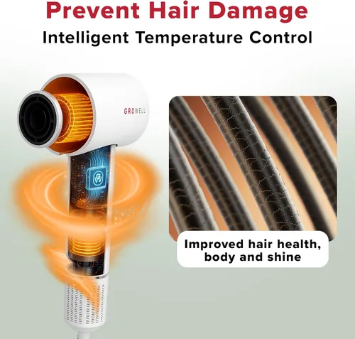 Miniatura 6 de Growell Secador de pelo iónico con difusor para cabello rizado, ondulado, profesional de alta velocidad, sin escobillas, para secado rápido, bajo