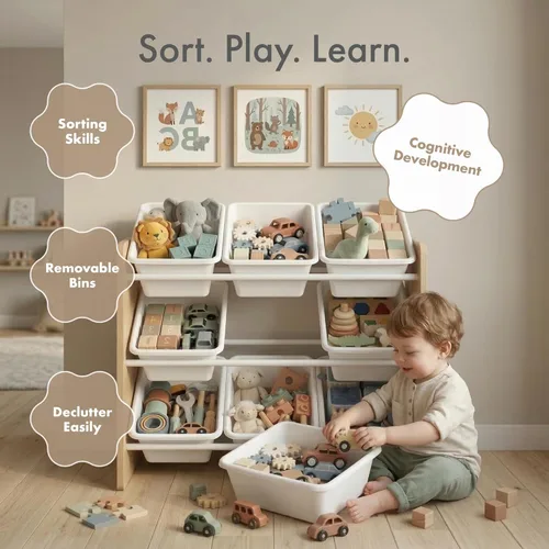 Miniatura 6 de Humble Crew Organizador de juguetes de 9 compartimientos: madera natural Journey con contenedores de plástico blanco, solución de almacenamiento