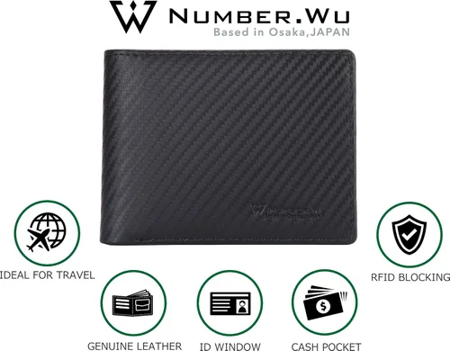 Miniatura 4 de NUMBER.WU 2 ID ventana carteras para hombres bloqueo RFID hombres de fibra de carbono doble cuero genuino trifold cartera para hombre, Negro, M