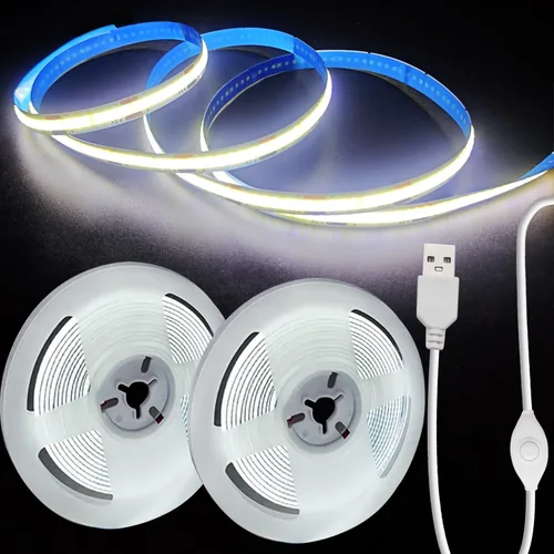 ZSLAIFU Tira de luces LED de 5V, tira de luz LED USB blanca, paquete de 2 de 3.28 pies tira de luz LED COB regulable, tira LED corta de alto brillo