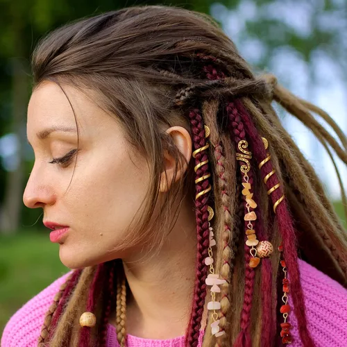 Miniatura 2 de BBTO 12 piezas de joyas para el cabello para trenzas, accesorios de rastas de piedra de cristal natural, accesorios de metal para el cabello
